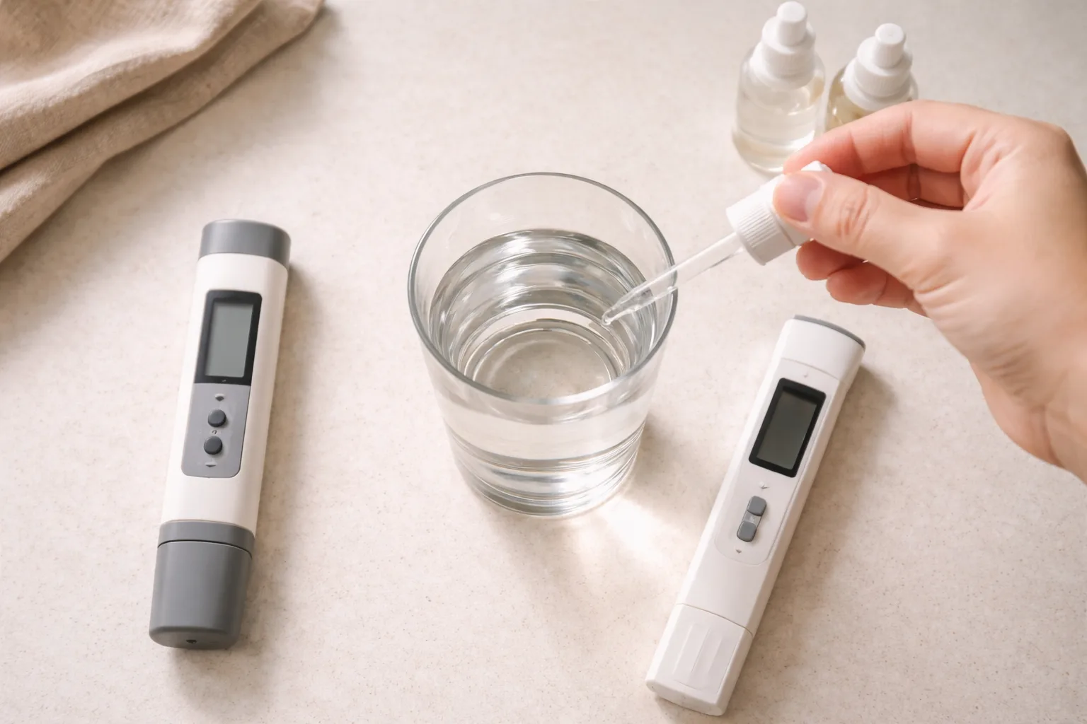 Üstten açıyla pH ve TDS ölçer, damla reaktifi ve bardakta kahve suyu.