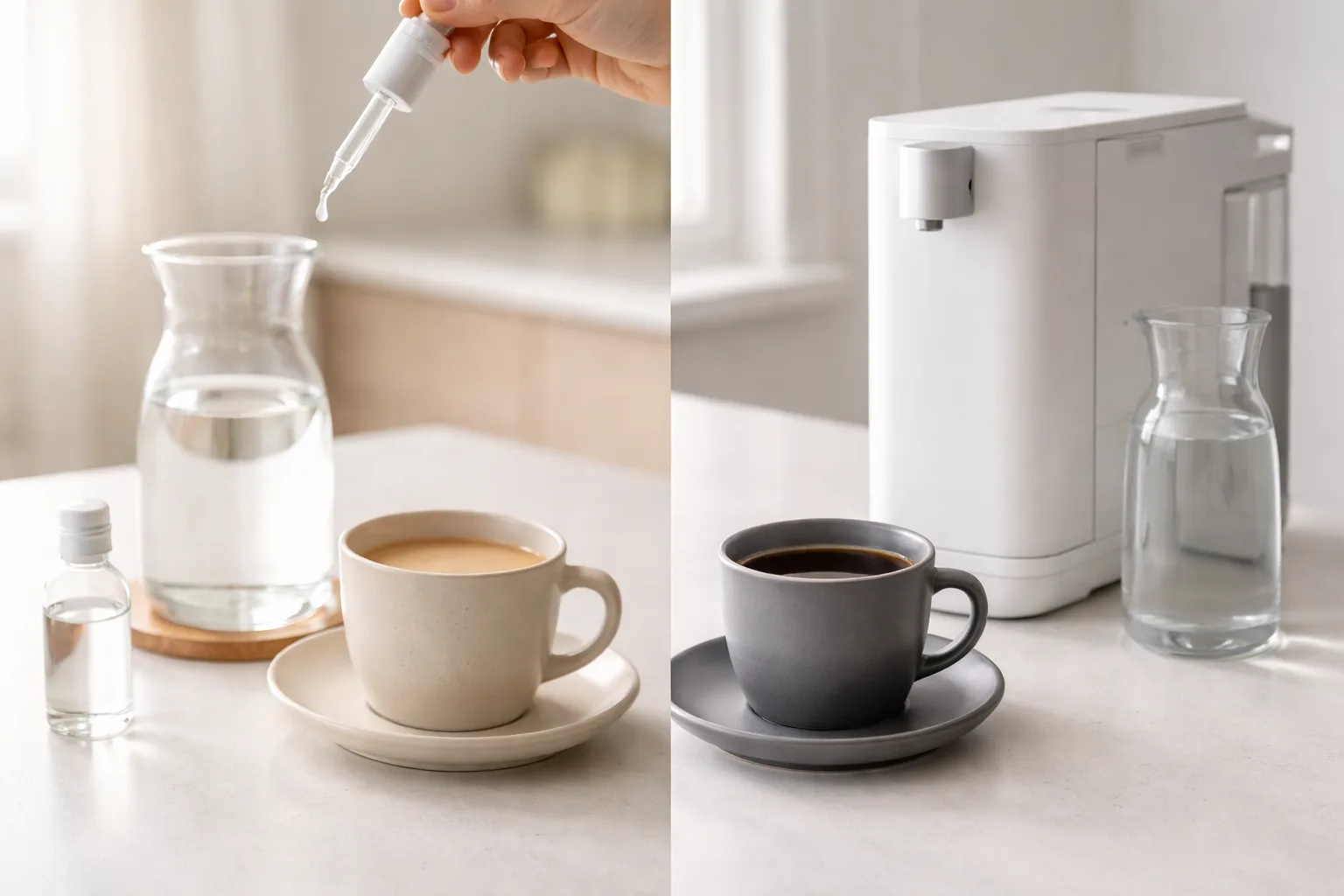 Yan açı iki kahve fincanı, biri açık diğeri koyu; RO filtre ve mineral damlatma.