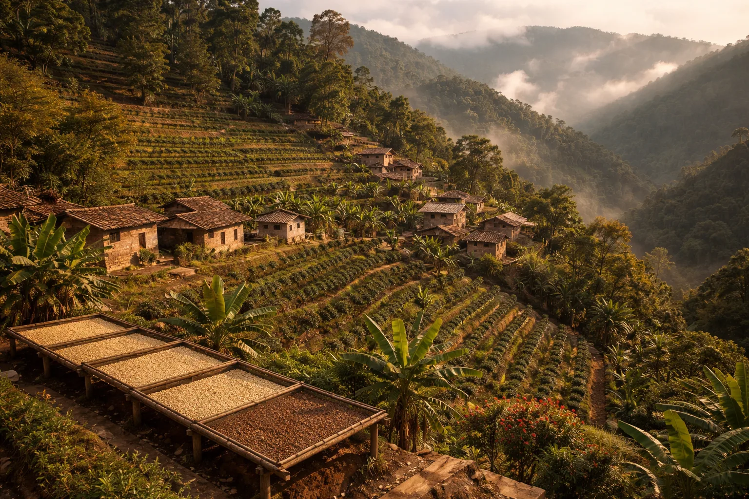 Teraslı yamaçta kahve tarlaları, güneşte kuruyan yataklar, taş mimarili dağ köyü ve hafif sis bulutları.