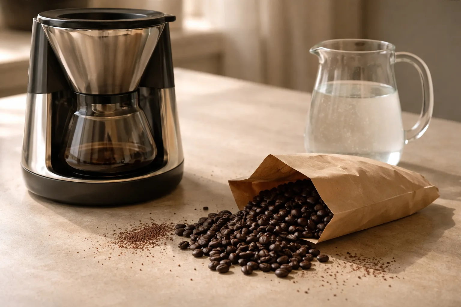 Önde parlayan büyük ekipman, açık poşet, yağlı çekirdekler ve bulanık su.