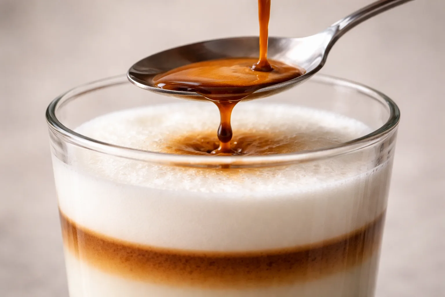 Kaşığın arkasına yavaş dökülen espresso ile oluşan ince kahverengi katman, yakın plan akış