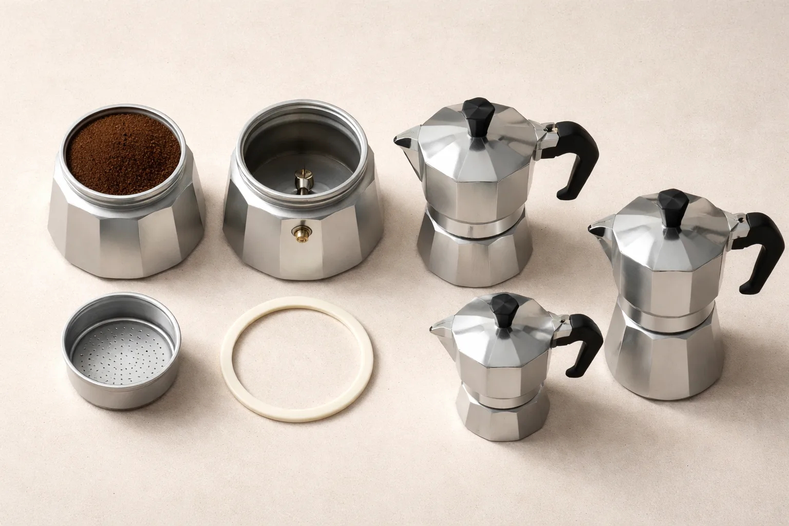 Üstten bakışla sökülmüş parçalar, dolu ve düzlenmiş sepet, emniyet valfi görünen iki gövde, moka pot temelleri