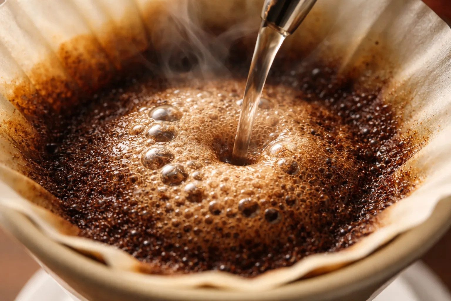 V60 dripper içinde taze natural çekirdeğin bloom kabarcıkları ve ince kuğu boynu döküşü.