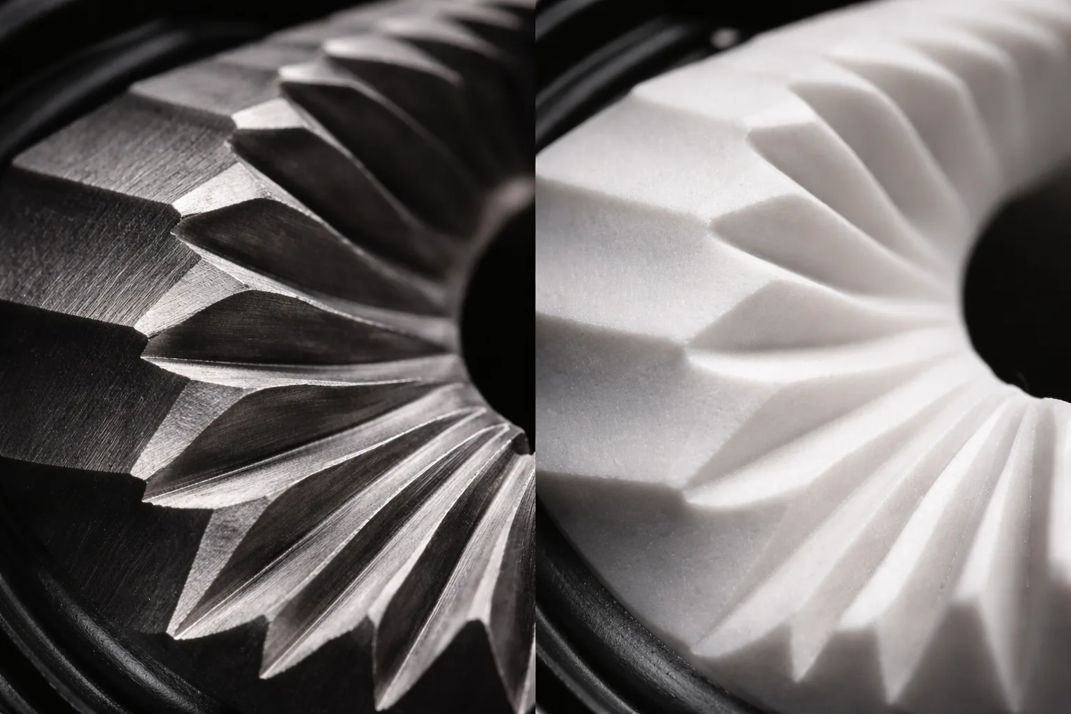 Öğütücü temelleri için çelik ve seramik burr dişlerinin makro karşılaştırması, kesici profiller net