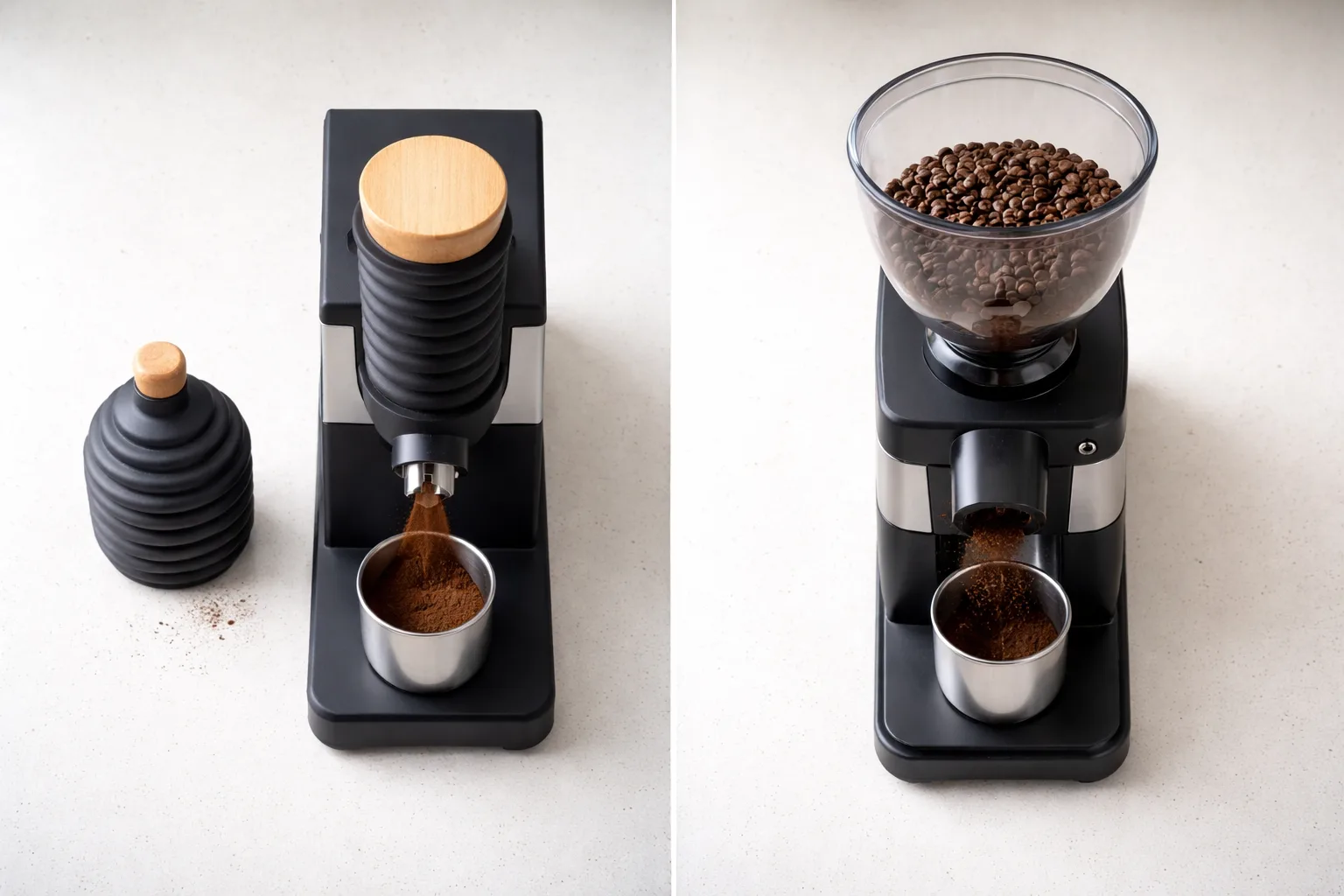 Single-dose ve hazneli öğütücüler yan yana, kısa düz çıkış yolu, doz kabı ve körük görülüyor