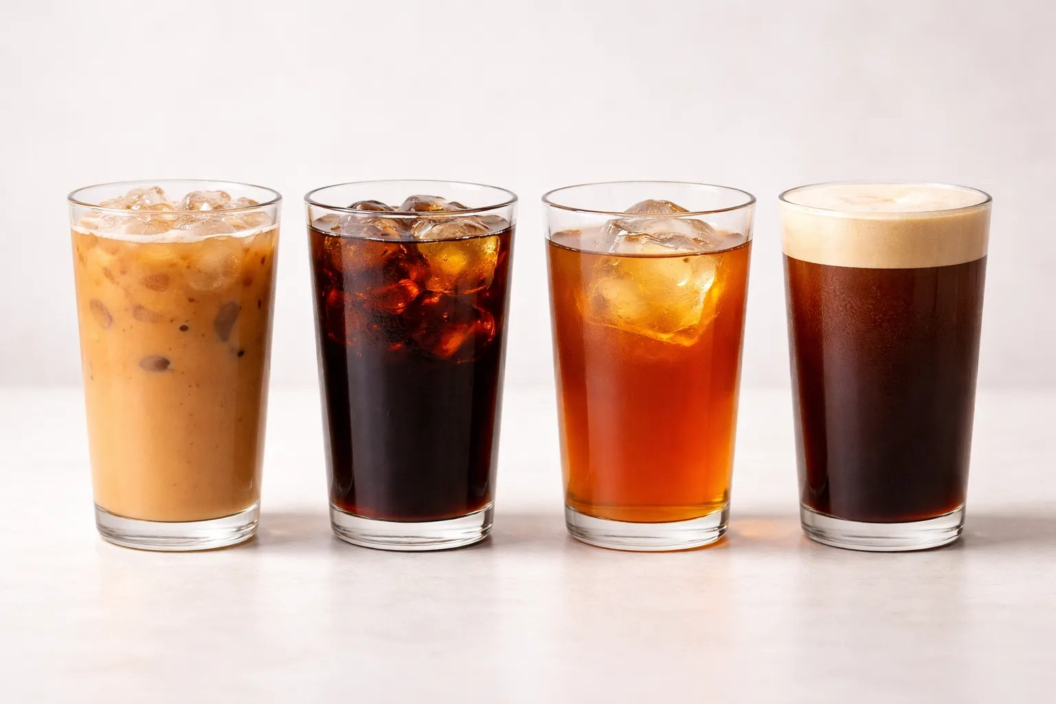 Dört soğuk kahve içecekleri bardağı yan yana; buz, renk ve doku farkları belirgin.