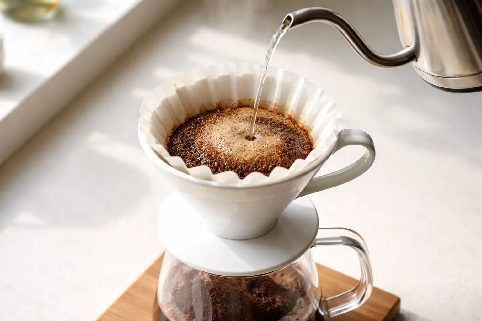 İnce su akışıyla konik dripper üzerinde cam servera akan demleme