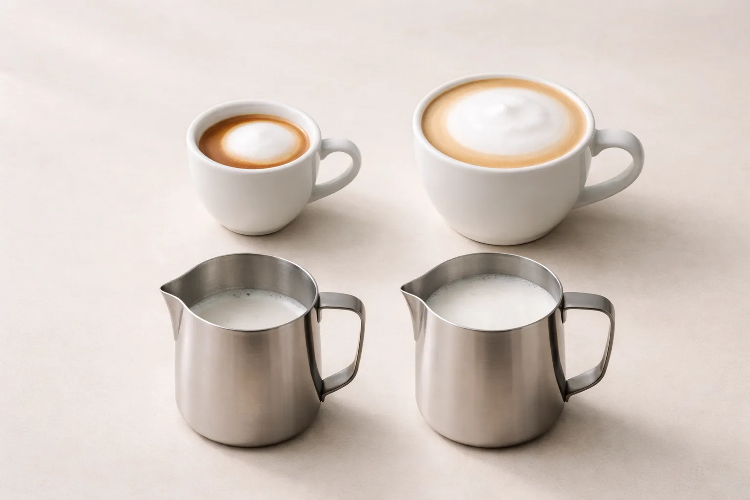 Kısa ve uzun espresso shotları, farklı fincan hacimleri ve süt oranlarıyla sütlü kahveler etkisinin karşılaştırması.