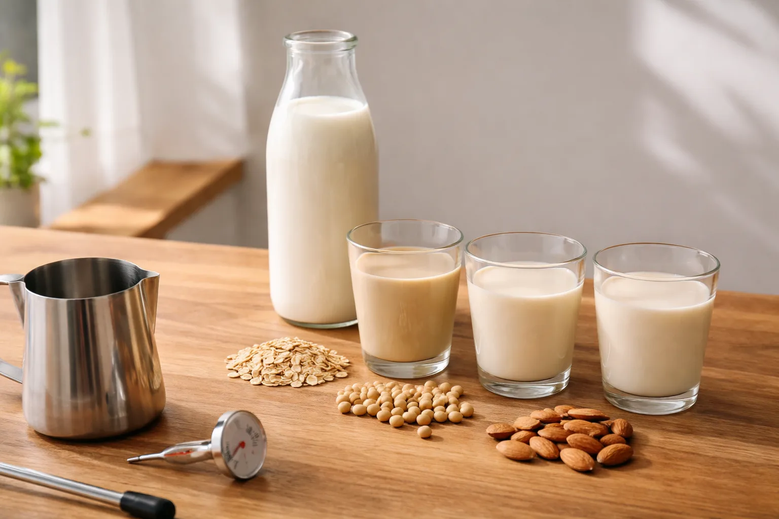 Cam şişede süt, küçük bardaklarda yulaf, soya ve badem sütleri; sürahi, termometre ve buhar çubuğu ucu.