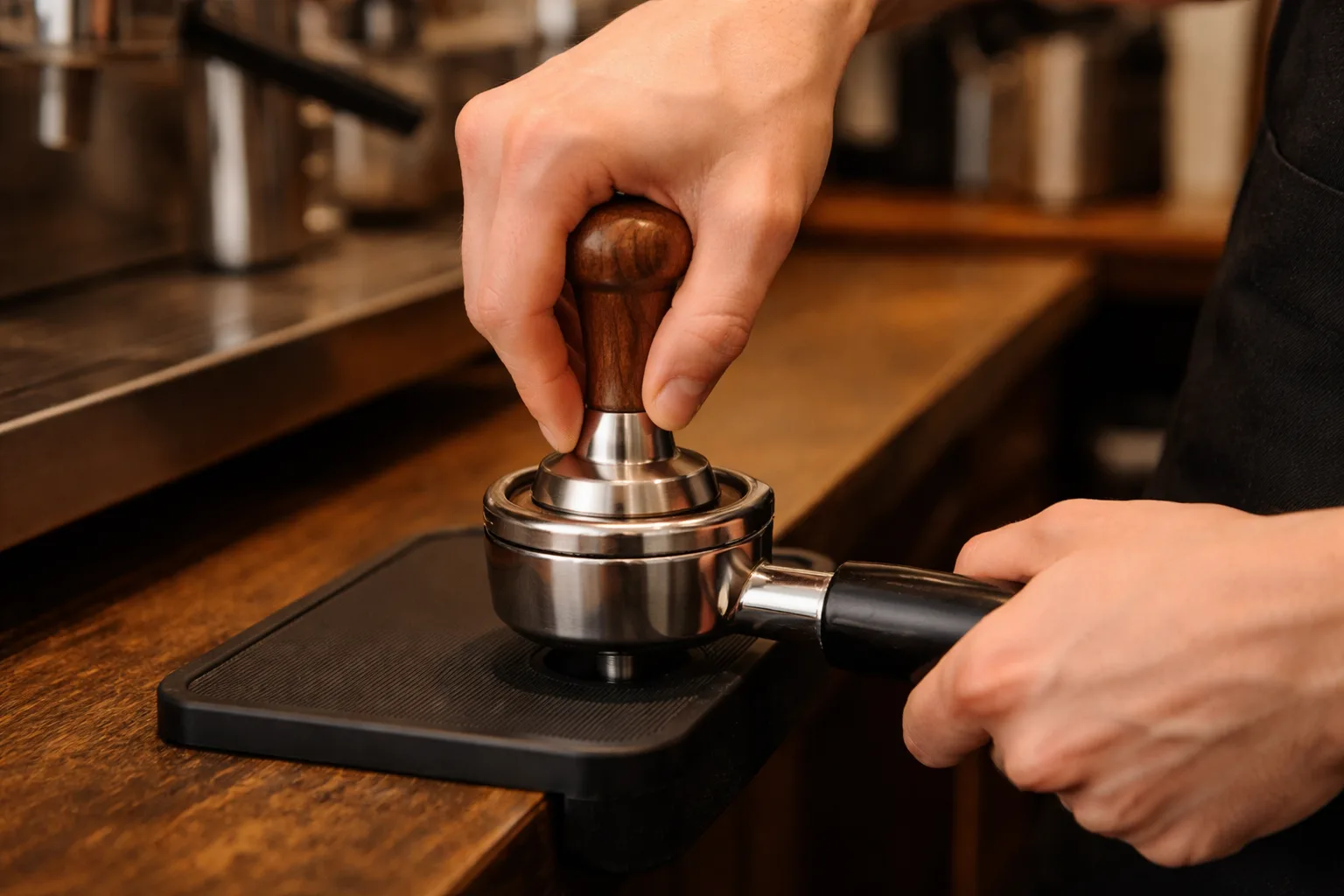 Tamping mat üzerinde sabit portafiltre, nötr bilek ve oluğu belirgin kabza