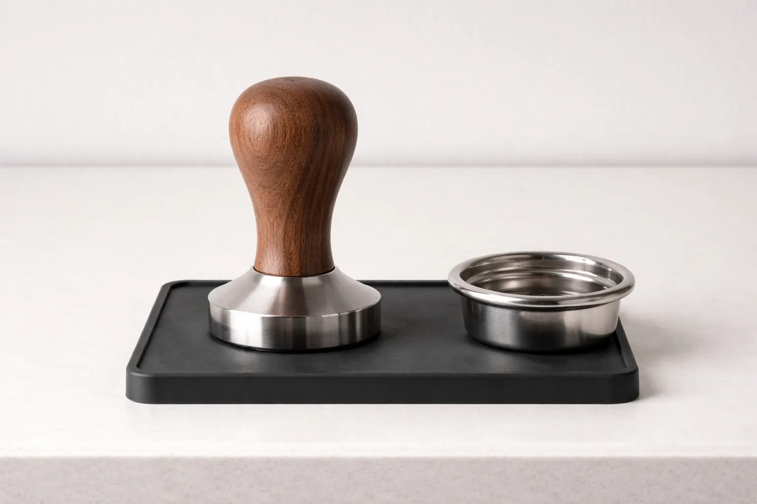 Tamp mat üzerinde paslanmaz tabanlı sade tamper ve yanında temiz portafiltre sepeti.