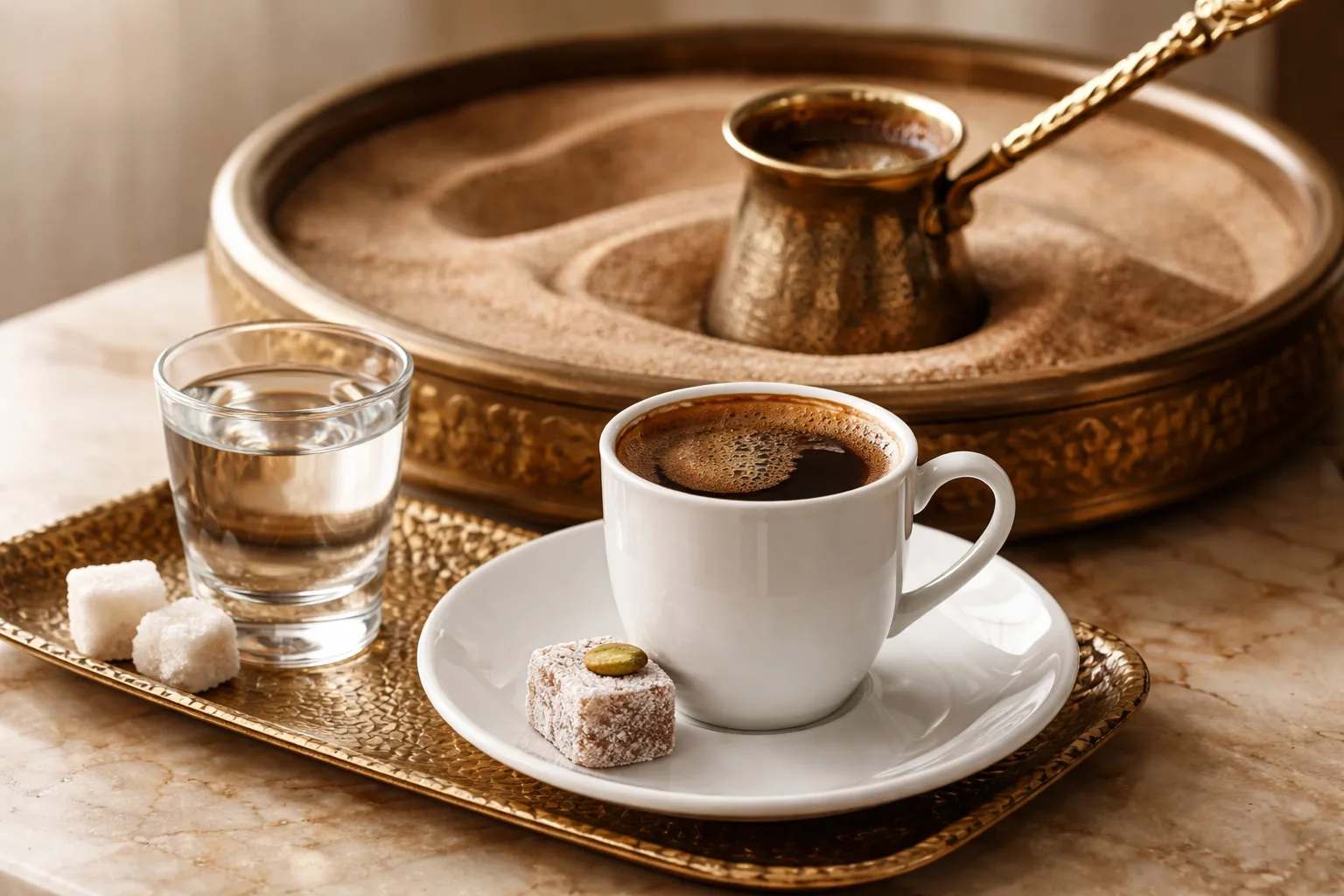 Kum banyosunda cezve ve ince kenarlı fincanla servis, yanında küçük bardakta su.