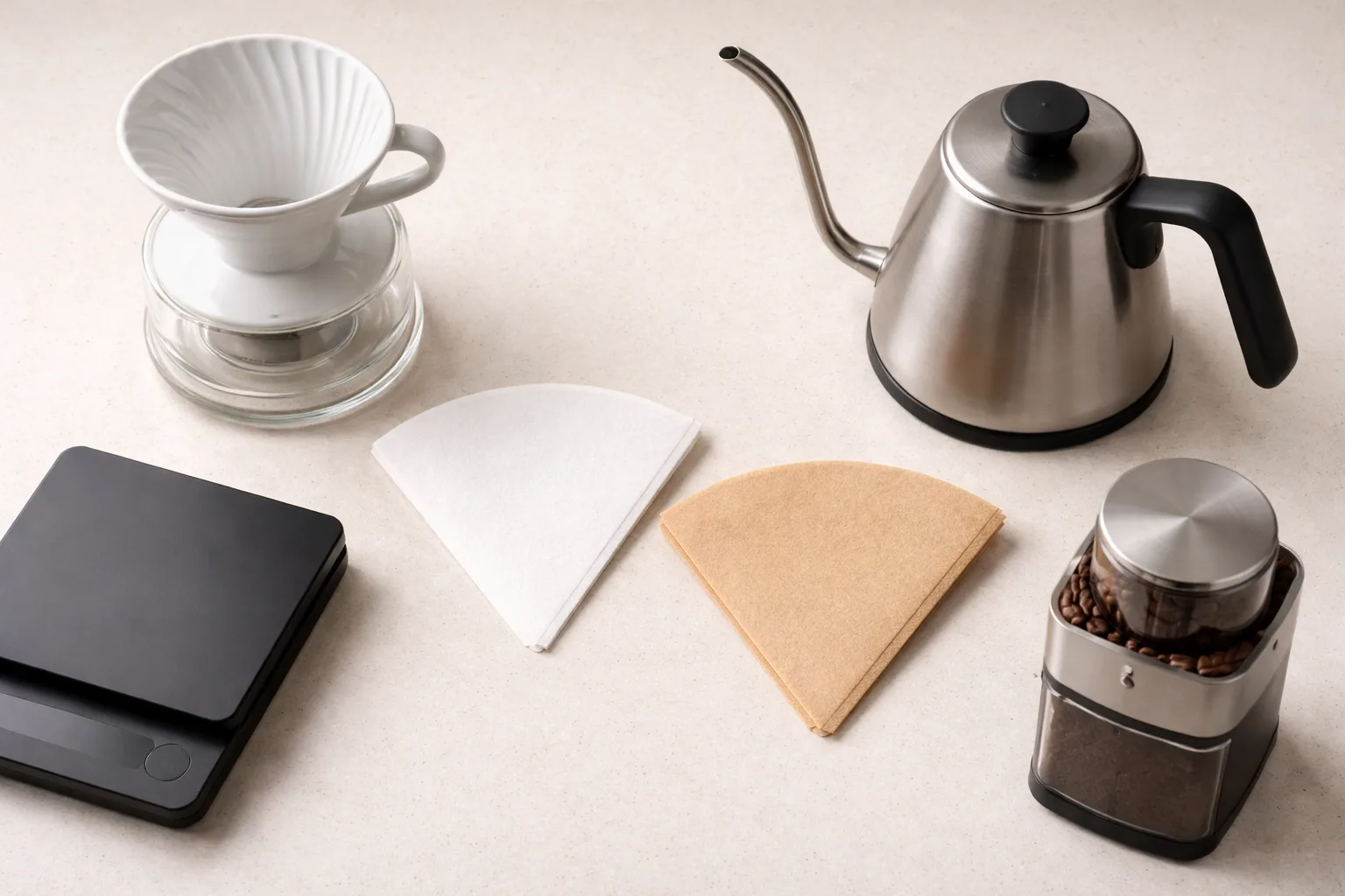 V60 demleme rehberi için dripper, gooseneck kettle, iki kağıt filtre, tartı ve öğütücü