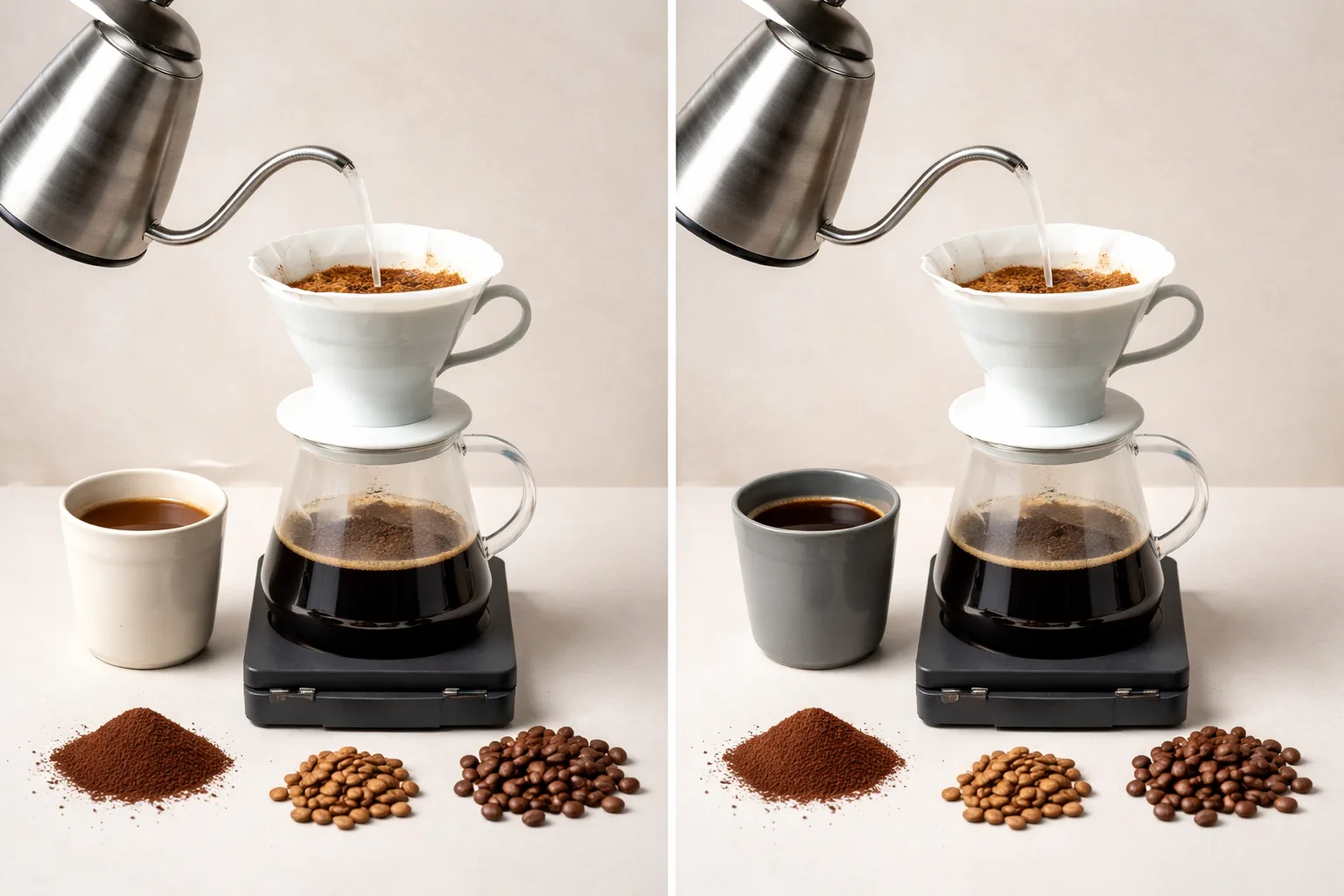 Yan yana iki fincan, farklı öğütüm yığınları ve iki döküş yaklaşımı