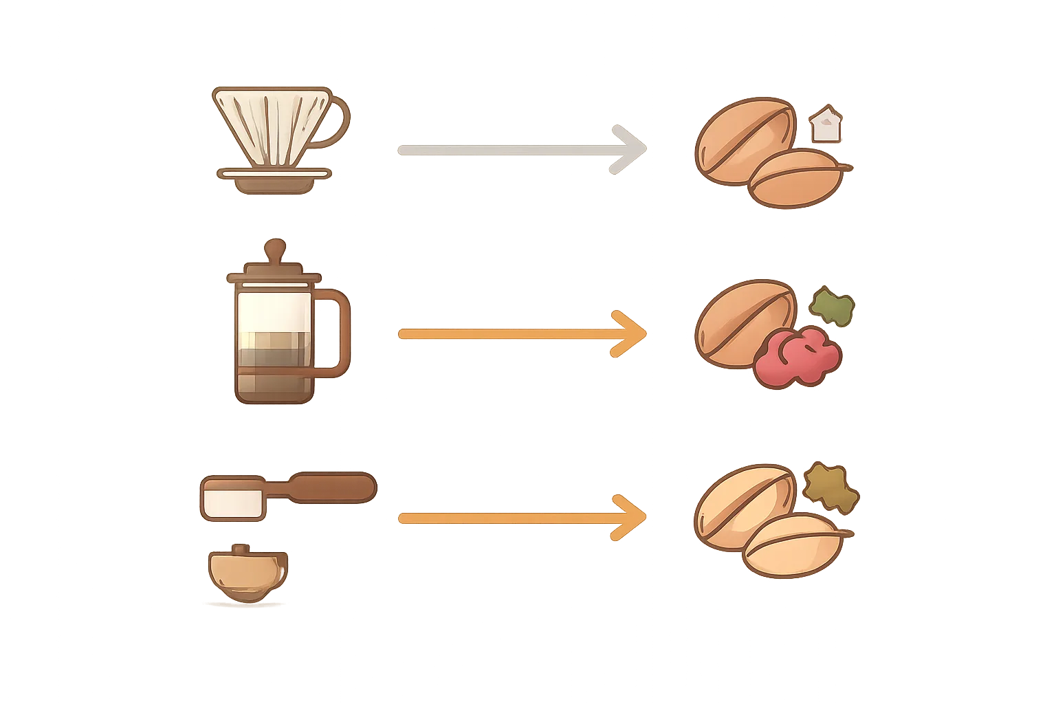 Yıkanmış, doğal ve honey çekirdekleri ile dripper, espresso ve french press eşleşmeleri