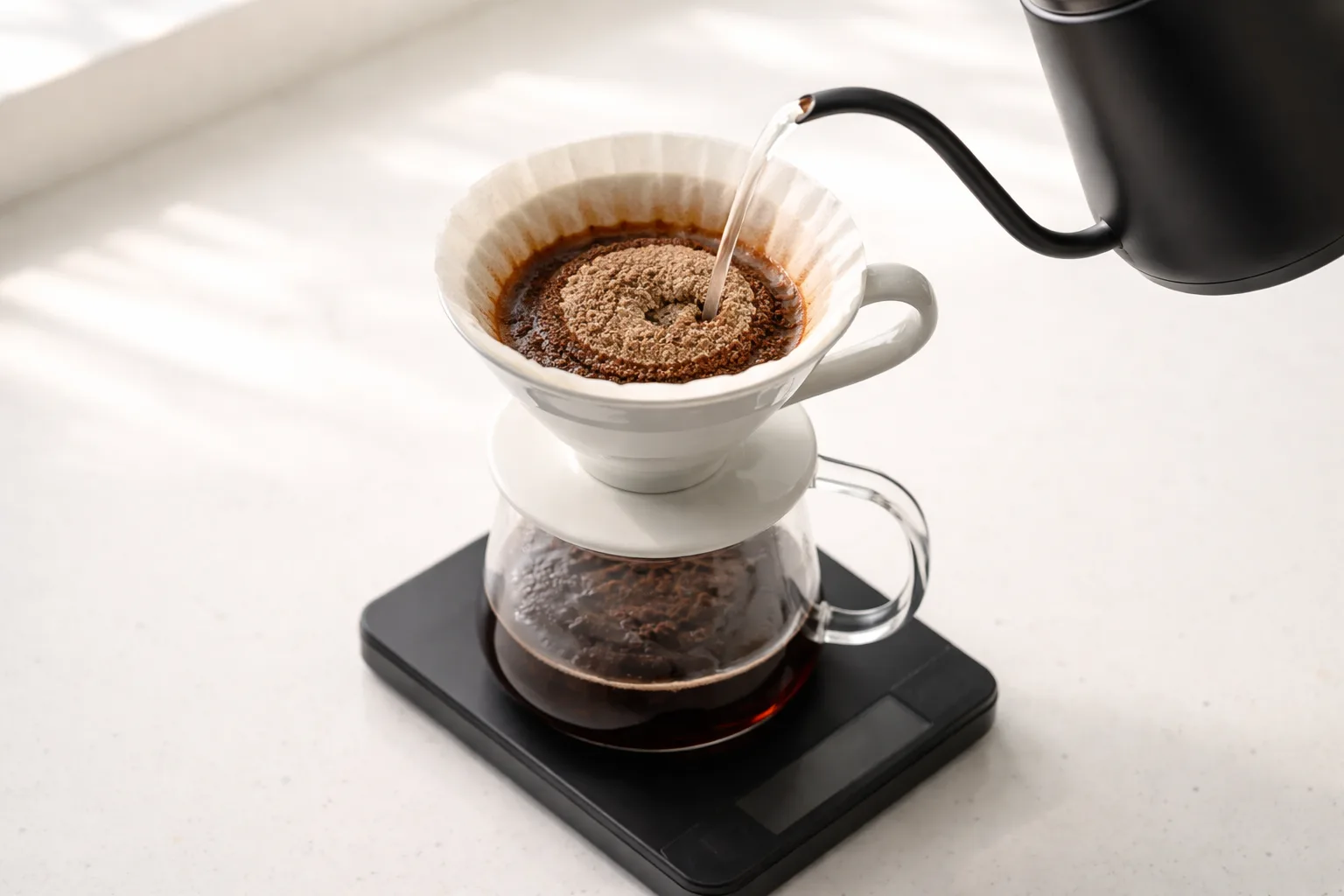 V60 temelleri için oran, sıcaklık ve akış dengesini gösteren pratik demleme kurulumu.