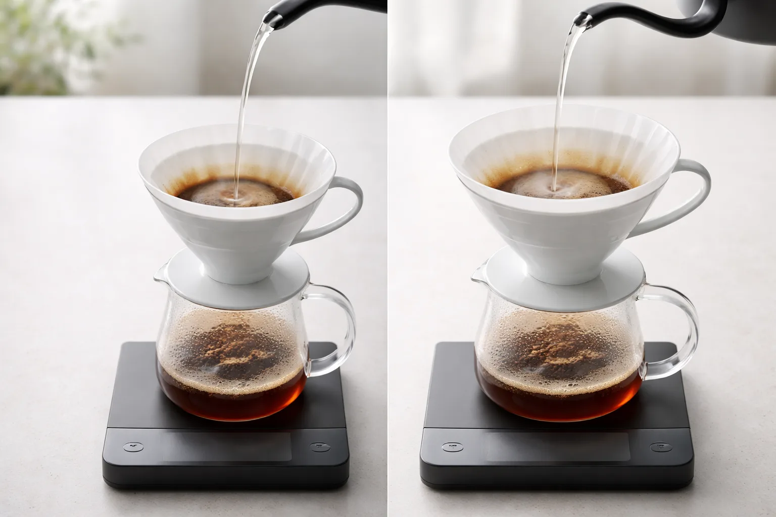 V60 01 ve 02 yan yana, 02’de daha yüksek su sütunu ve farklı döküşler.