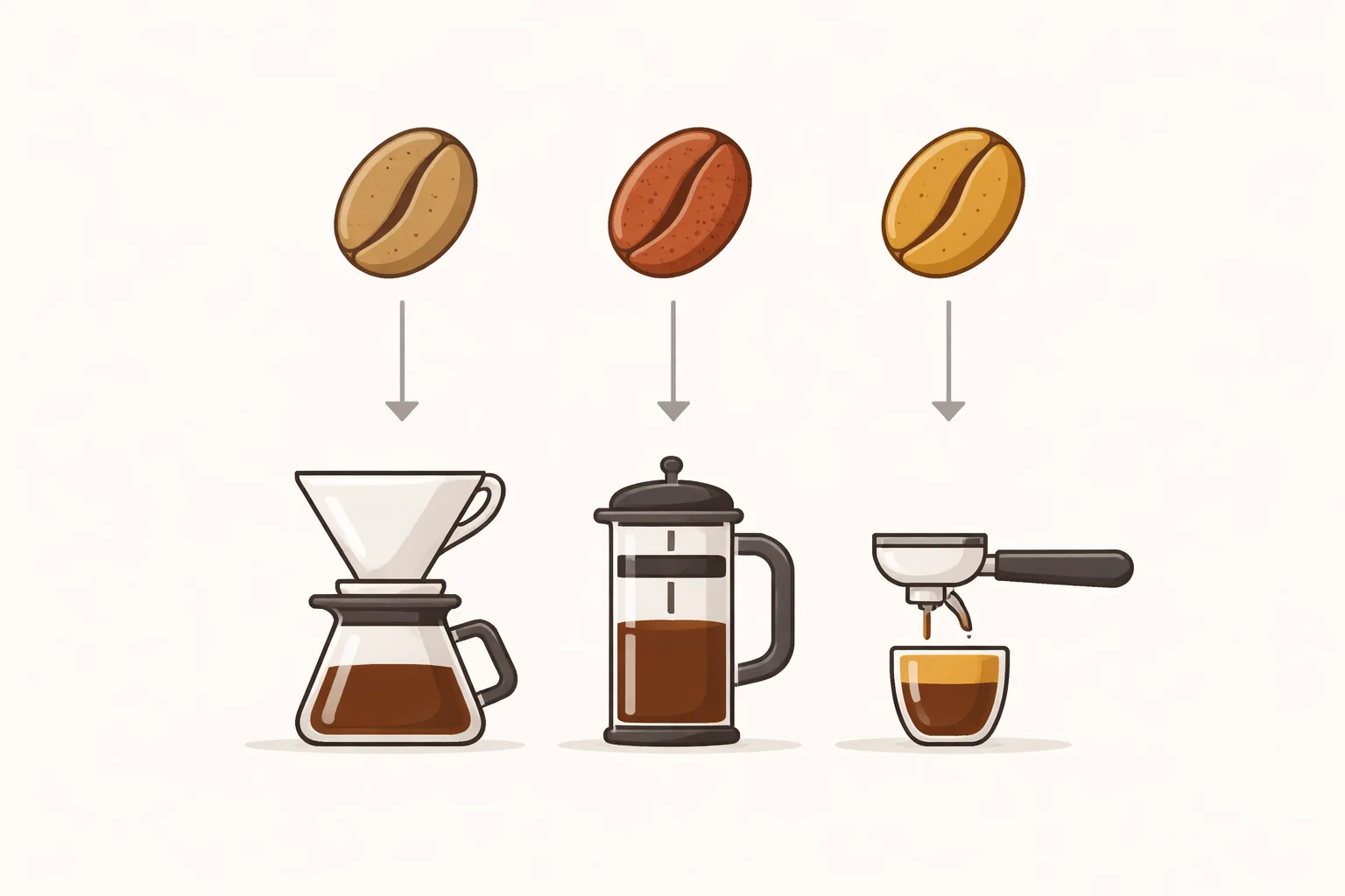 Dripper, French press ve espresso ikonlarıyla işleme türlerine uygun demleme eşleşmeleri