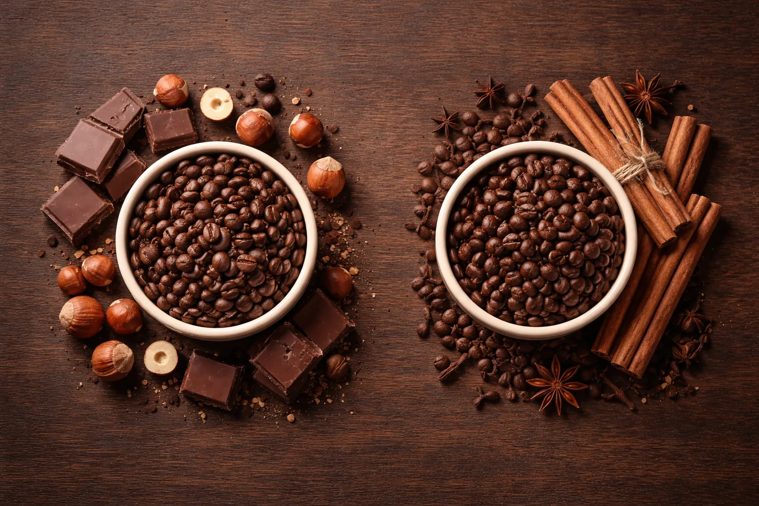 Arabica çekirdek satın alma için yan yana iki kase çekirdek, çikolata ve baharat