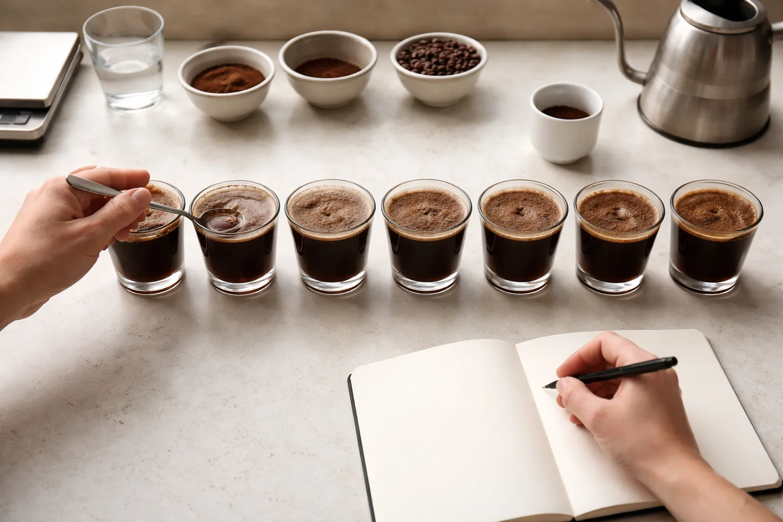 Tadım masasında cupping bardakları ve kaşıkla not alınırken arabica nedir sorusu inceleniyor.