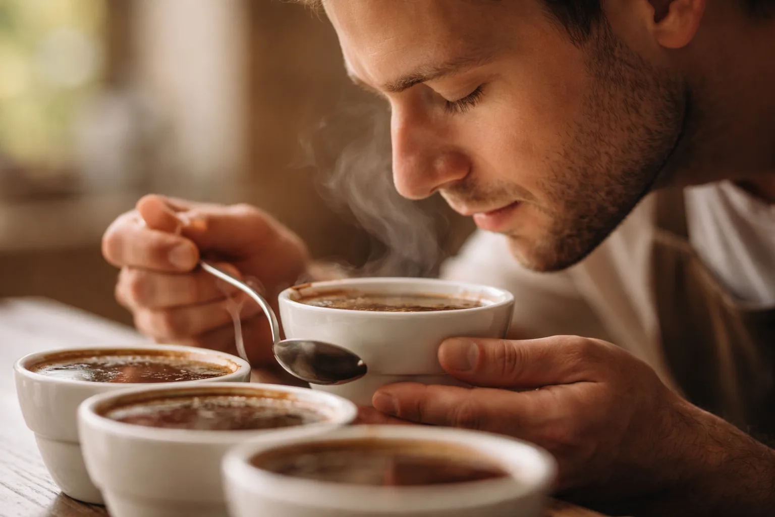 Profilden bardağı koklayan kişi, yanda buharlı fincanlar ve yakın tutulan cupping kaşığı.