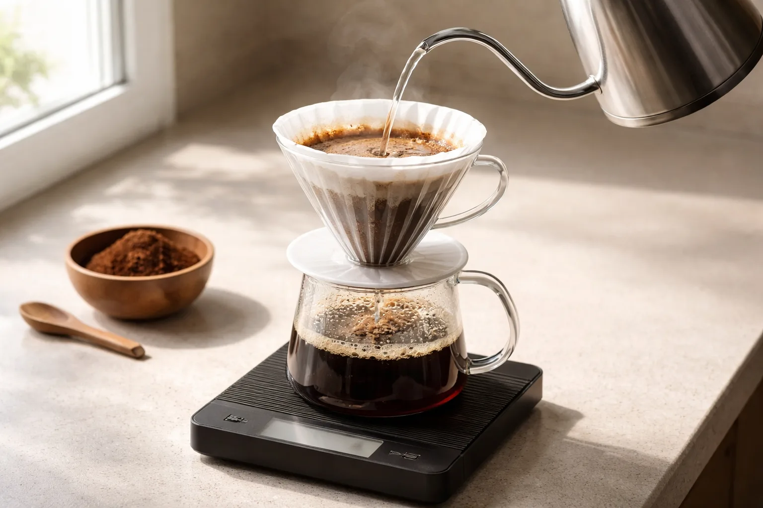 V60 ve teraziyle kontrollü döküşte oran ayarı; asiri ekstraksiyon nasil duzeltilir örneği.