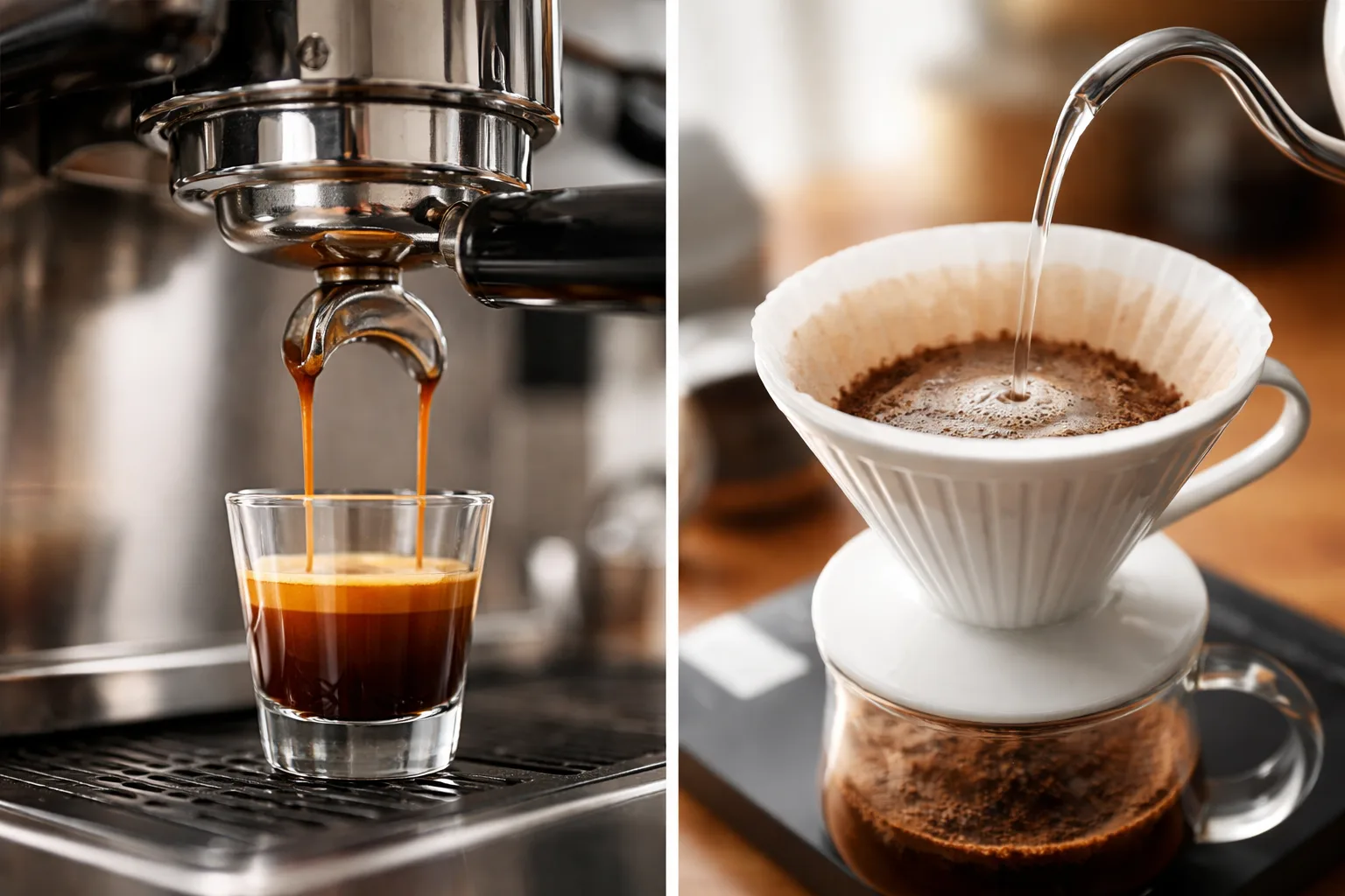 Solda espresso akışı, sağda V60 döküşü; aşırı ekstraksiyonu azaltan ayarların karşılaştırması.