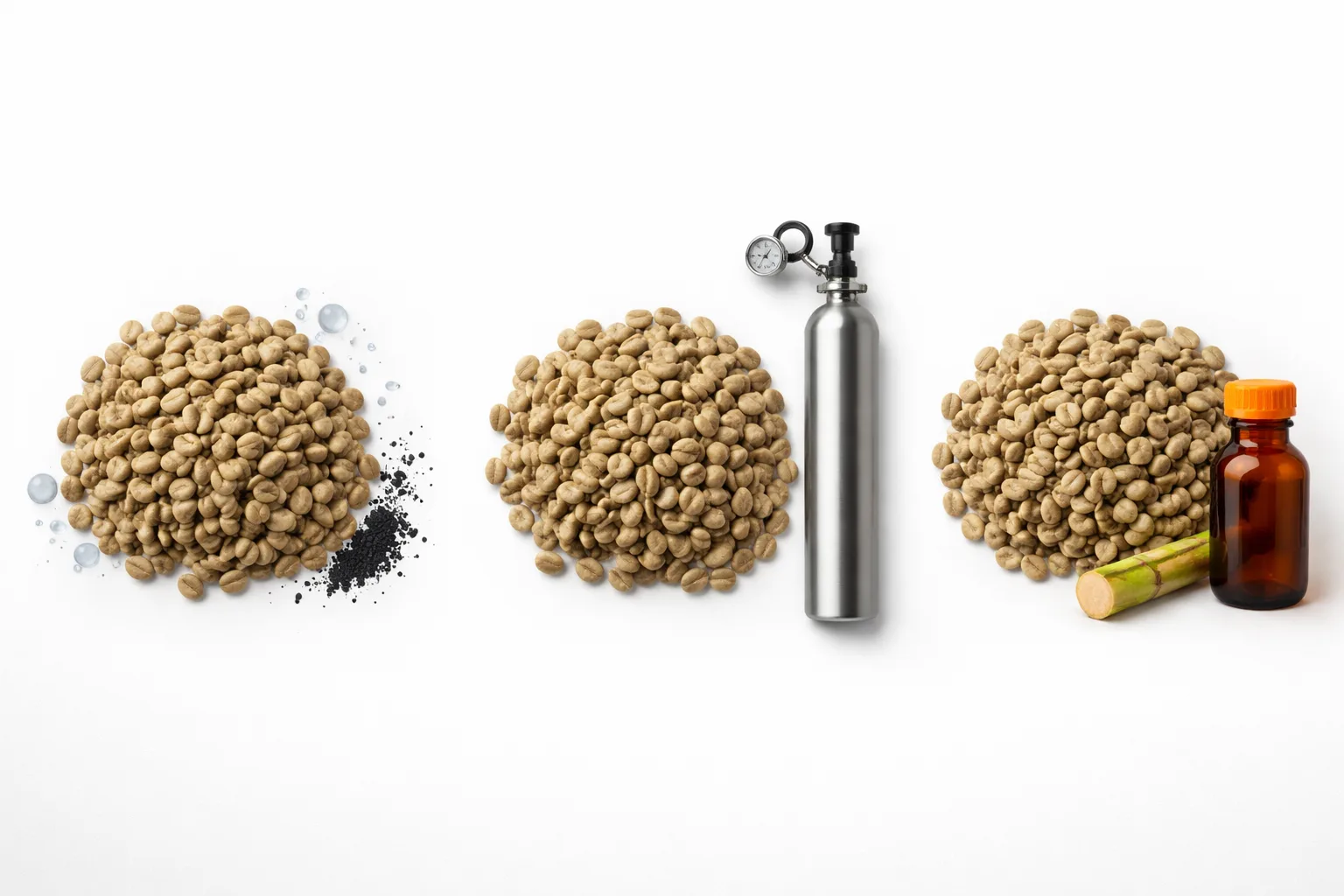 Dekafeinizasyon yöntemleri karşılaştırması: su, CO2 ve solvent yaklaşımlarını üçlü düzenle yan yana.