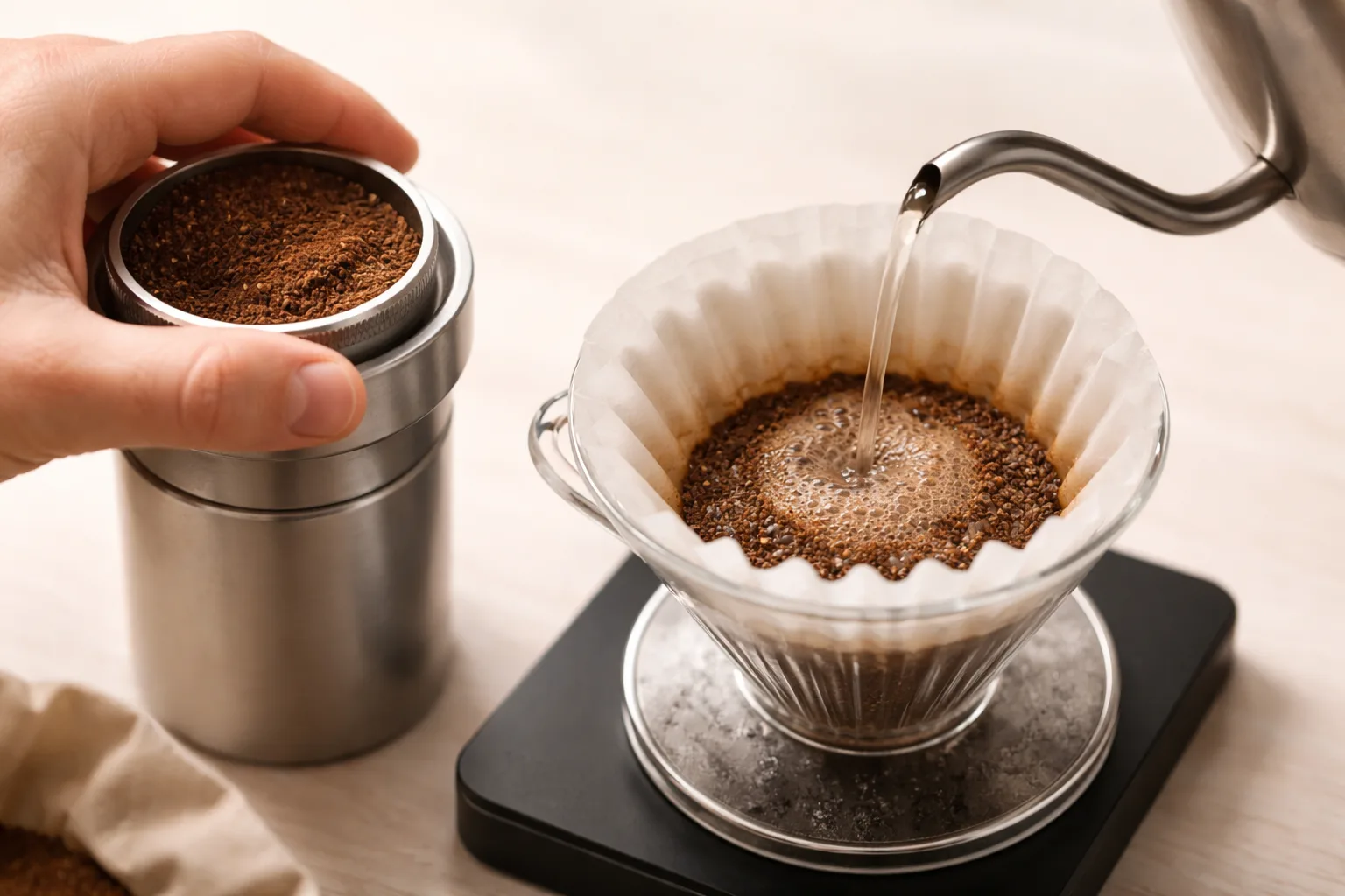 Öğütüm halkası, ince akışlı kettle ve filtre yatağına odaklanan makro demleme ayarı.