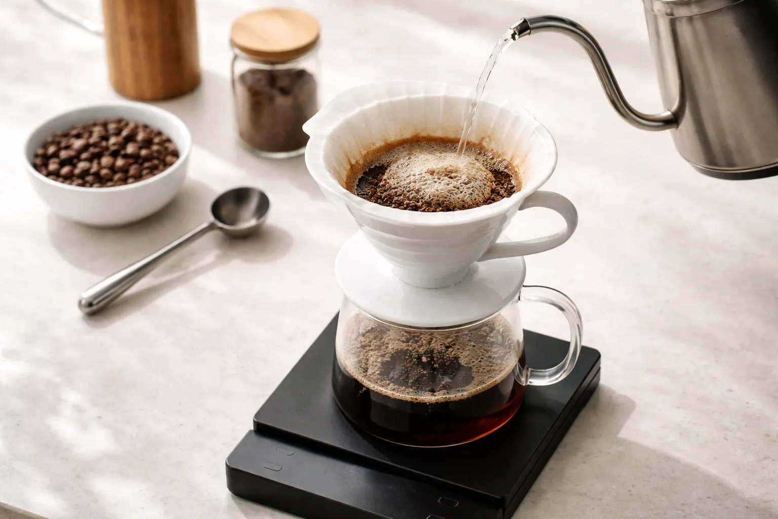 Standart V60 akışında ev tipi öğütücü kalibrasyonu için sade kurulum, kontrollü döküş ve terazi üzerinde server.