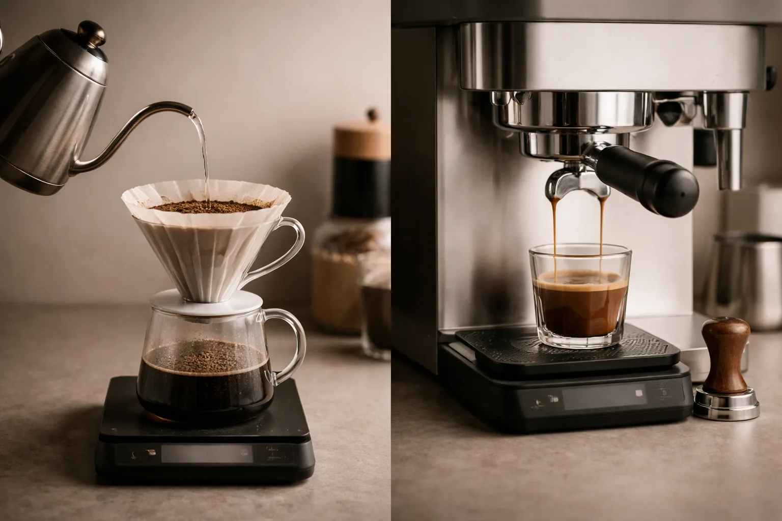 Yan yana sahnede solda V60 filtre demleme, sağda espresso portafiltre, tamper ve sabit akış vurgusu, nötr arka plan.