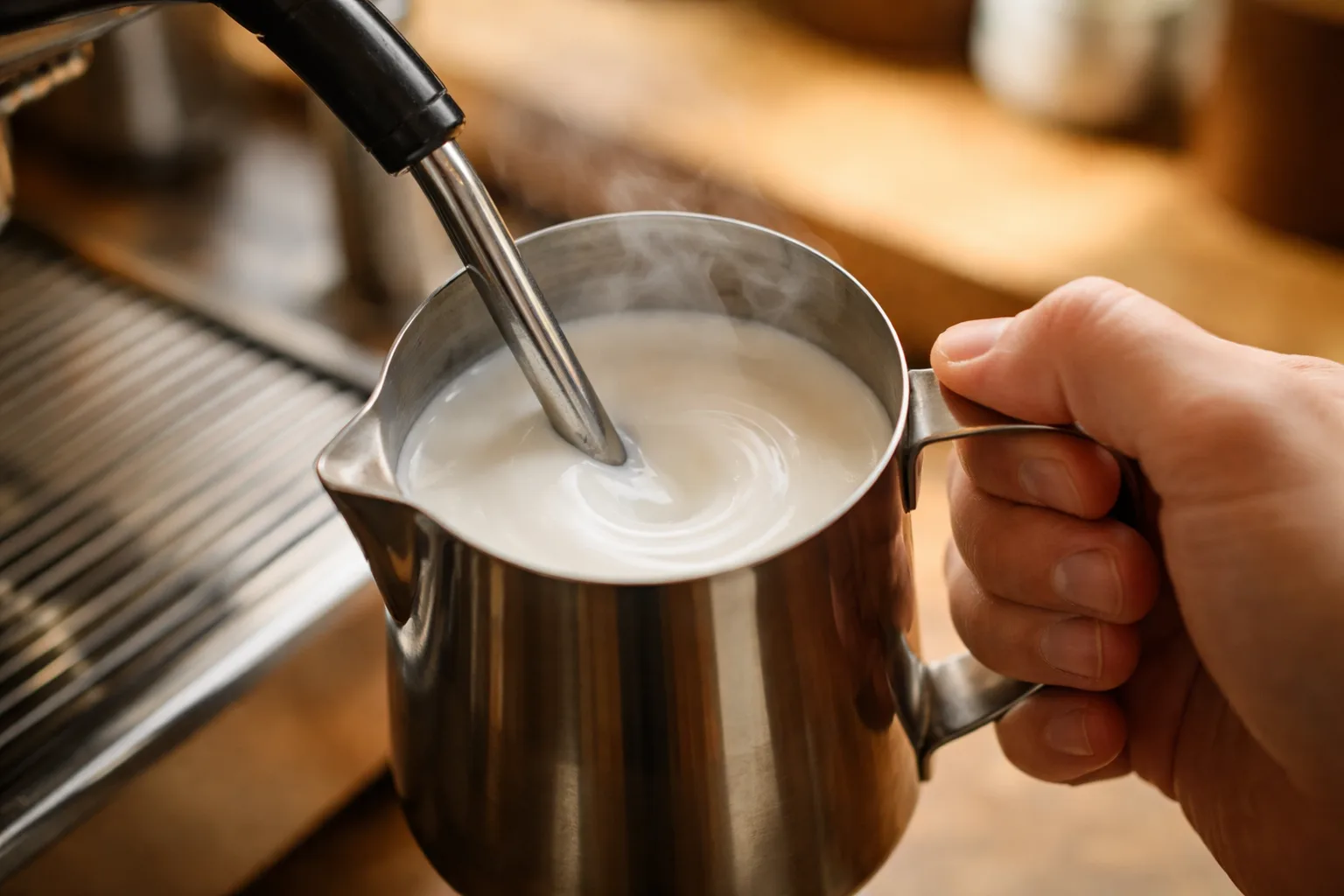 Buhar çubuğunun yüzeye yakın konumu ve nazik vortex ile mikrofoam nedir sorusuna görsel yanıt.