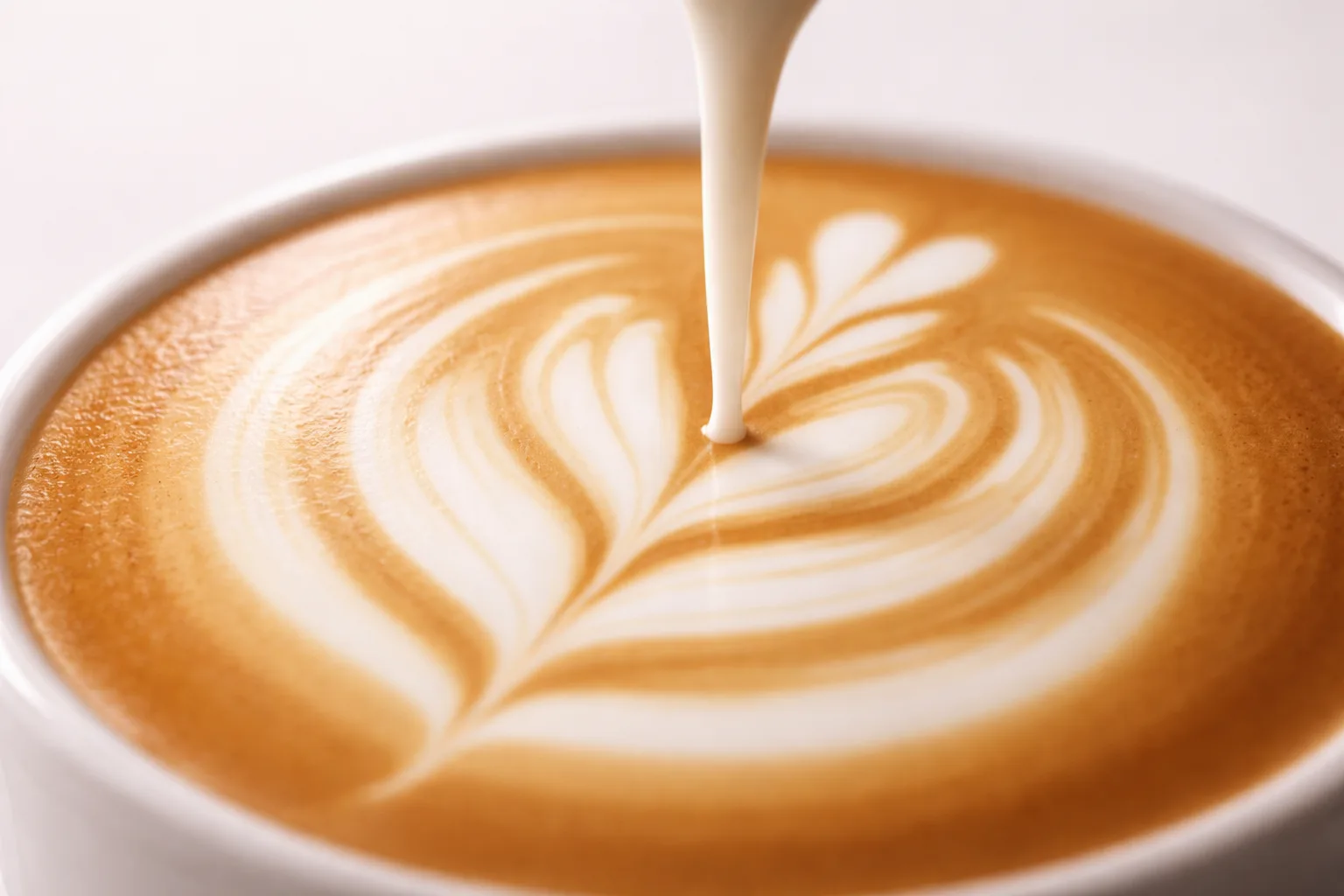 Makro çekimde parlak, pürüzsüz mikrofoam yüzeyi ve net latte art çizgileri, akışta ince süt şeridi.