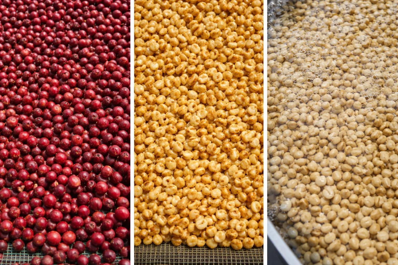Natural, honey ve washed süreçlerini gösteren üçlü üstten kompozisyon; robusta çekirdek satın alma kararını görsel olarak kolaylaştırır.