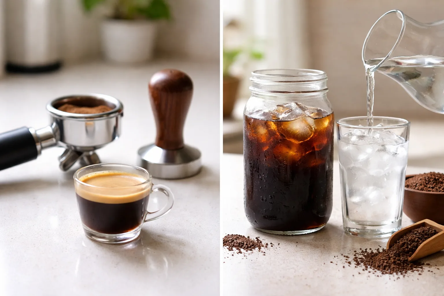 Portafiltre ve tamper ile kısa kremalı espresso; yanında cam kavanozda soğuk demleme, buz ve sürahiyle seyreltme sahnesi.