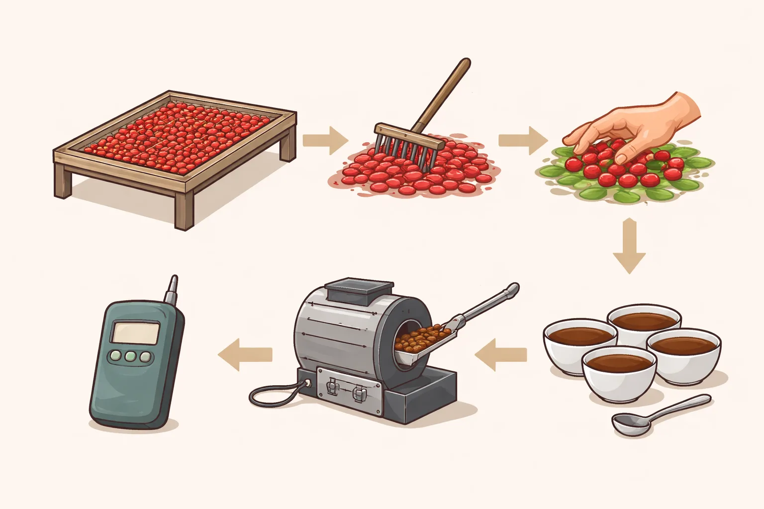 Yükseltilmiş yatakta seçilen kirazlar, karıştırma ve ölçümle kaliteye uzanan süreç diyagramı.