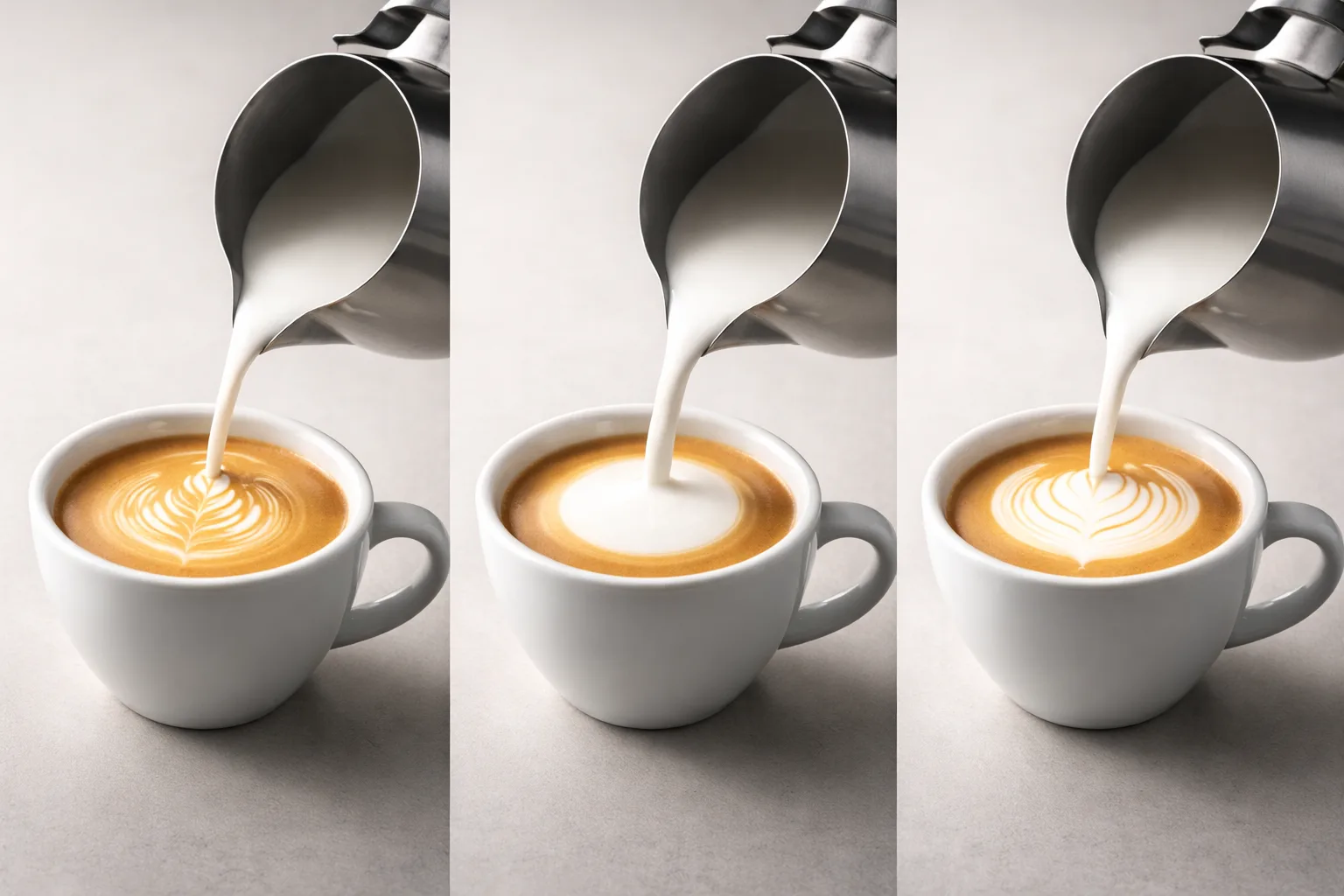 İnce, geniş ve köşeli ağızlı pitcher karşılaştırması; akış ve desen farkları, süt köpürtme pitcher önerileri