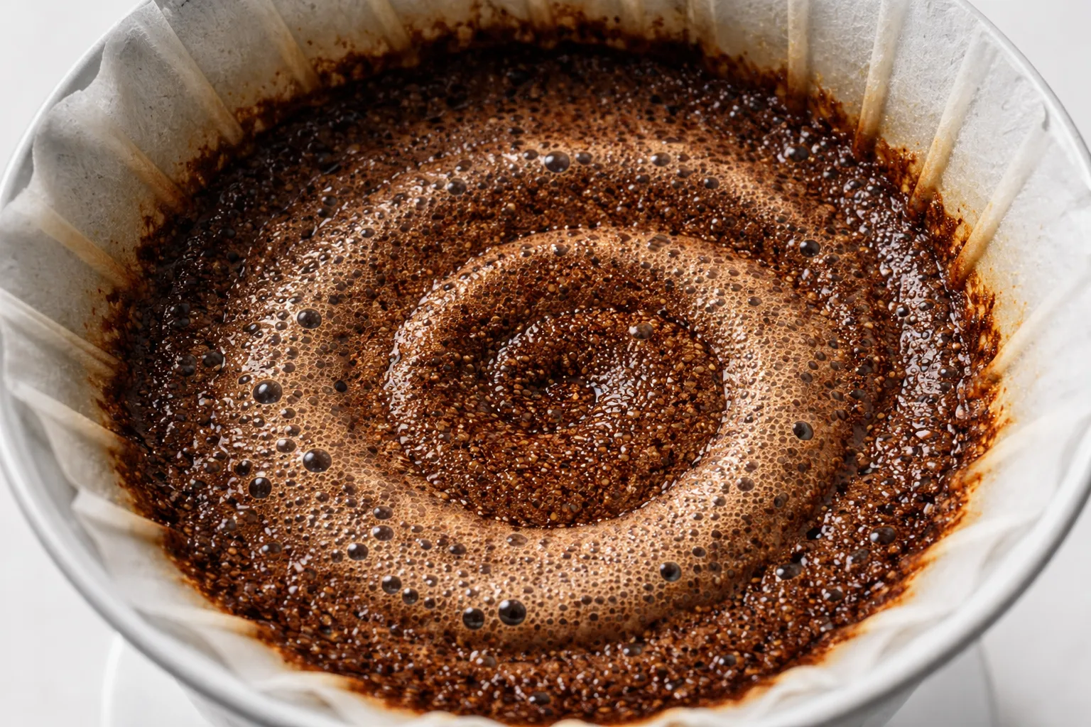 Üstten görünümde kahve yatağı, dar spiral döküş izi ve kenarlarda ince kanallar.