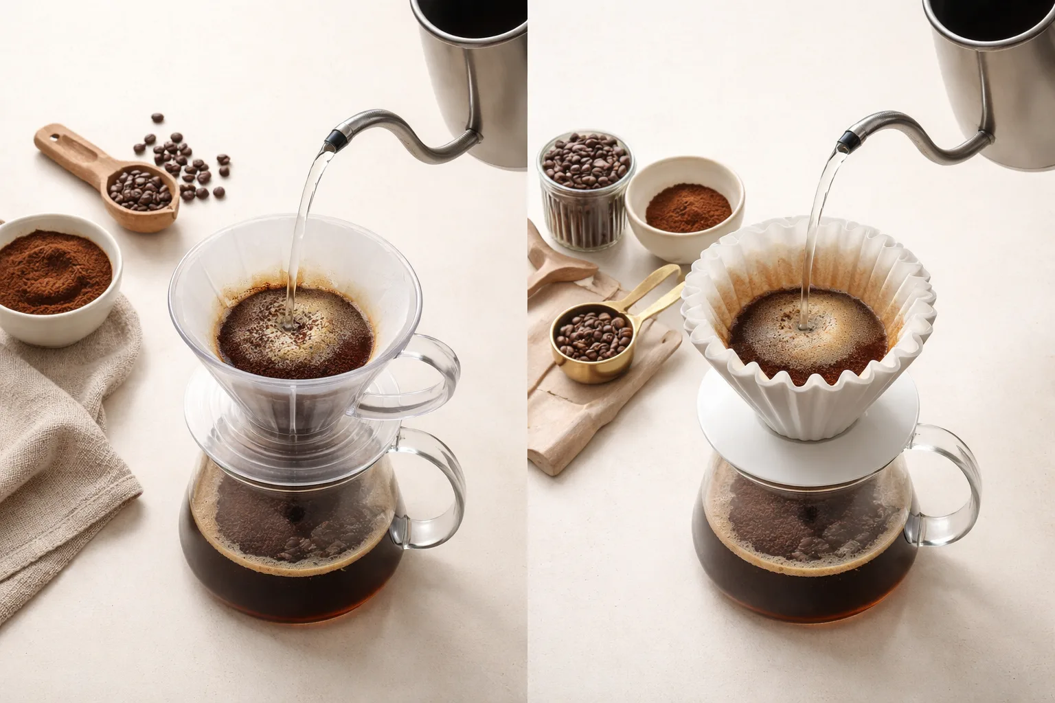 Başlangıç plastik dripper seti ve meraklı seramik dripper seti, üstten ikiye bölünmüş kadraj.