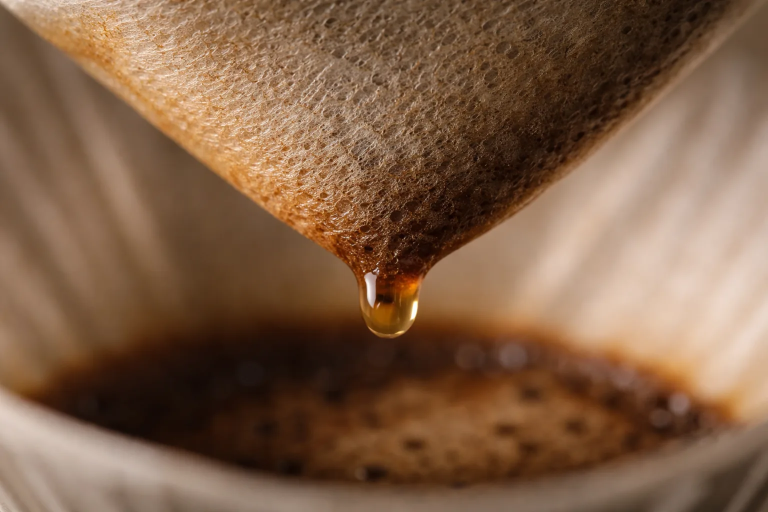 v60 filtre kağıdı lif dokusunun yakın planı, dripper ucundan damlayan temiz kahve