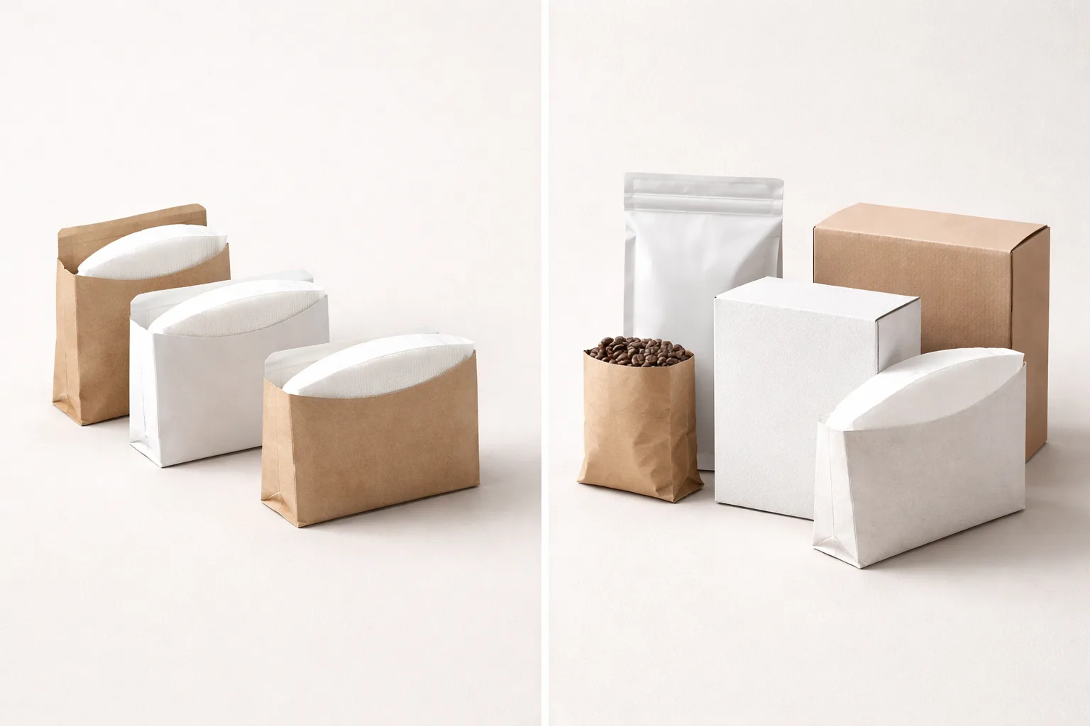 Küçük ve büyük paketli logosuz filtre grupları, premium paket, kahve torbası ve kargo kutusu