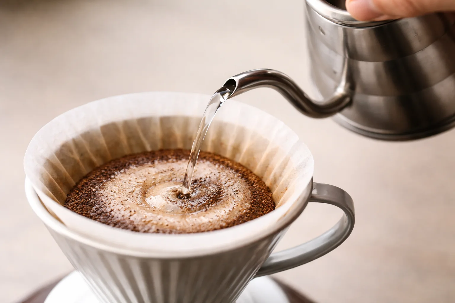 Yakın planda v60 filtre ön ıslatma sırasında dikiş hattının spiral döküşle ıslatılması