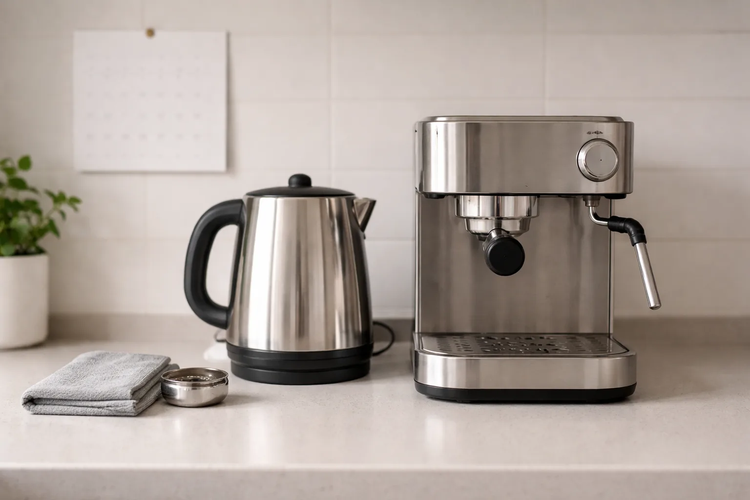 Mutfak tezgahında kettle ve espresso makinesi, duvar takvimiyle bakım takvimi rutini vurgulanmış.