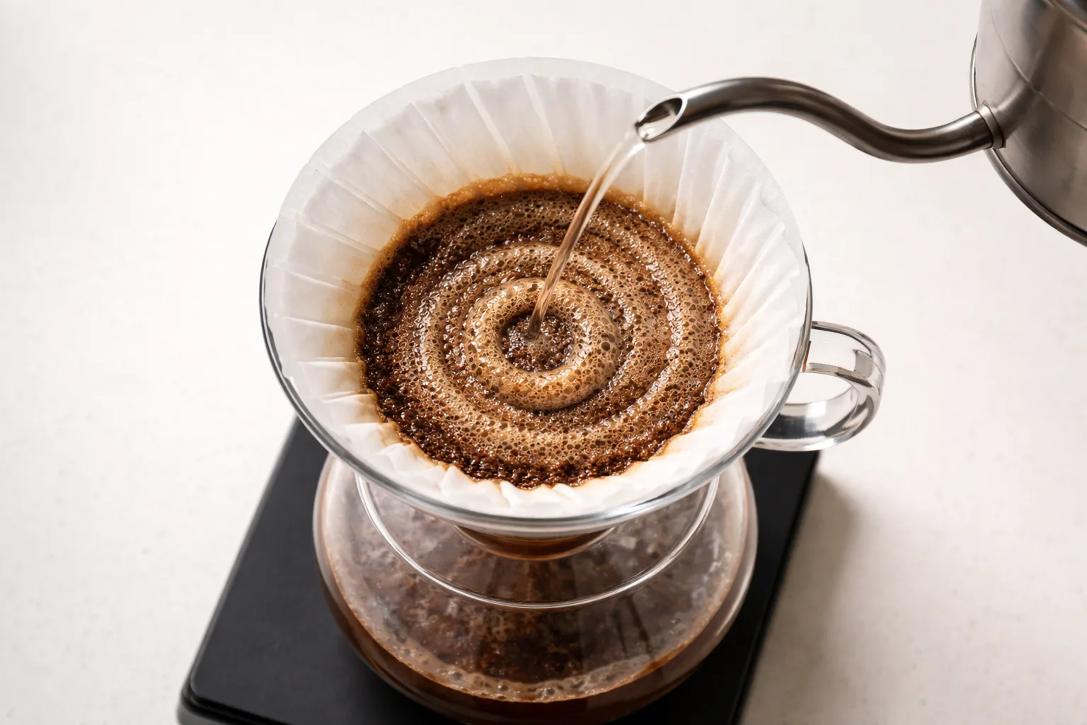 Üstten çekimde spiral döküş, v60 demleme süresi hedefte kalırken tat dengesi ayarlanıyor.