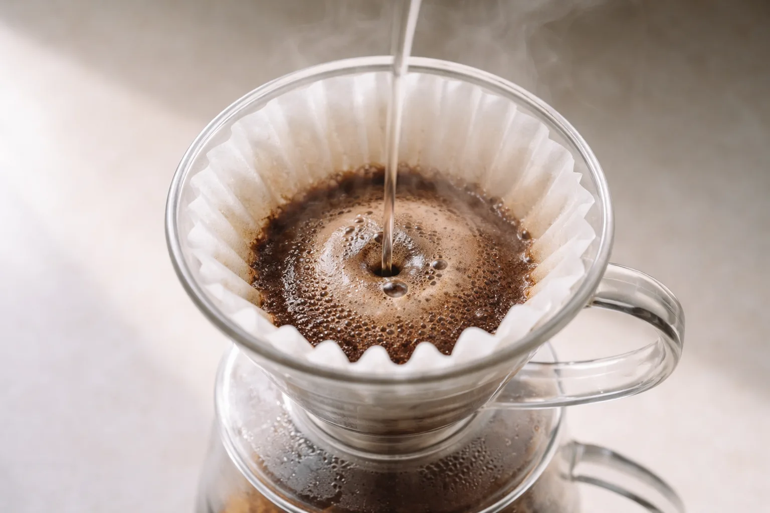Isıtılmış dripper ve durulanmış filtre üzerinde merkezden ince akış, duvarlara temas etmeden sürüyor.