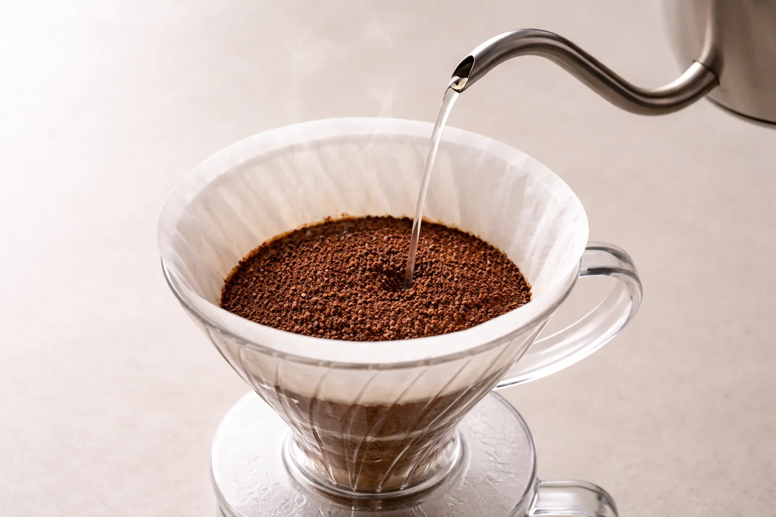 İnce ağızlı kettle'dan alçak döküşle v60 tek kişilik kahve demleme adımı