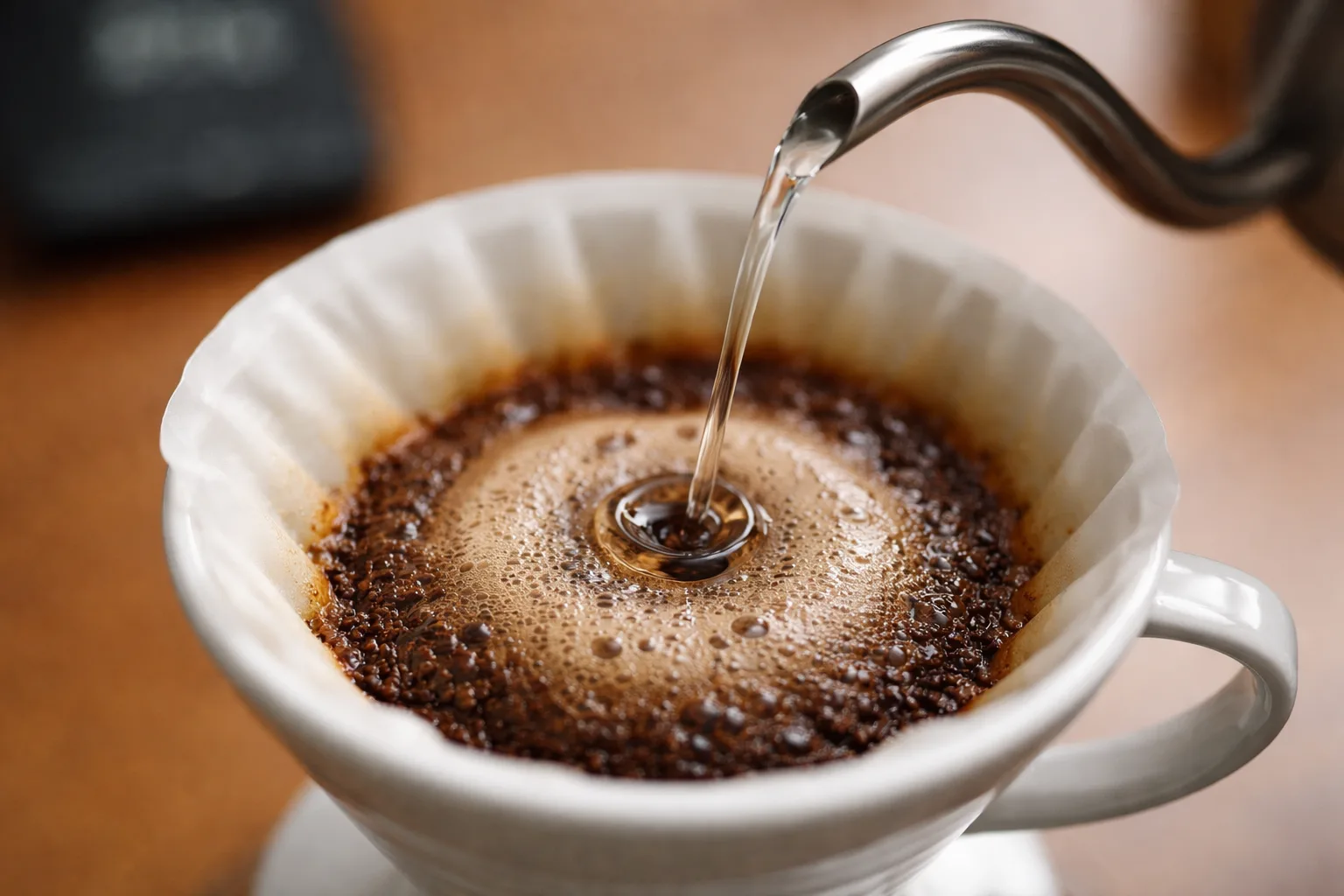 Yakın planda gooseneck kettle'dan ince akış, haznede küçük su salınımları ve server